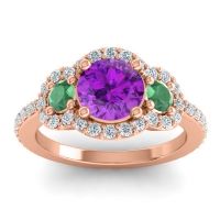 Amethyst Ring In 18K Rose Gold With Emerald And Lab Diamond Sodarya Round Three-stone Ring