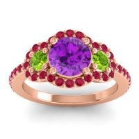 Amethyst Ring In 14K Rose Gold With Peridot And Ruby Sodarya Round Three-stone Ring