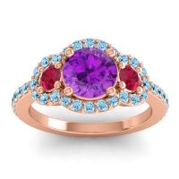 Amethyst Ring In 14K Rose Gold With Ruby And Aquamarine Sodarya Round Three-stone Ring
