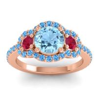 Aquamarine Ring In 18K Rose Gold With Ruby And Swiss Blue Topaz Sodarya Round Three-stone Ring
