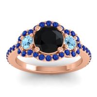 Black Onyx Ring In 14K Rose Gold With Aquamarine And Blue Sapphire Sodarya Round Three-stone Ring