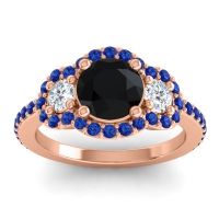 Black Onyx Ring In 18K Rose Gold With Lab Diamond And Blue Sapphire Sodarya Round Three-stone Ring