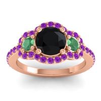 Black Onyx Ring In 18K Rose Gold With Emerald And Amethyst Sodarya Round Three-stone Ring