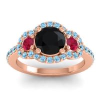 Black Onyx Ring In 14K Rose Gold With Ruby And Aquamarine Sodarya Round Three-stone Ring