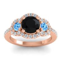 Black Onyx Ring In 18K Rose Gold With Swiss Blue Topaz And Lab Diamond Sodarya Round Three-stone Ring