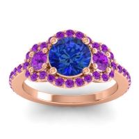Lab Blue Sapphire Ring In 14K Rose Gold With Amethyst Sodarya Round Three-stone Ring