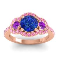 Lab Blue Sapphire Ring In 14K Rose Gold With Amethyst And Pink Tourmaline Sodarya Round Three-stone Ring