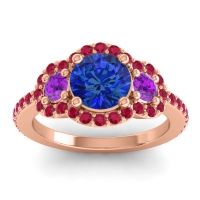 Lab Blue Sapphire Ring In 14K Rose Gold With Amethyst And Ruby Sodarya Round Three-stone Ring