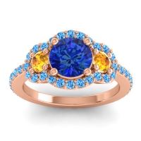 Lab Blue Sapphire Ring In 18K Rose Gold With Citrine And Swiss Blue Topaz Sodarya Round Three-stone Ring
