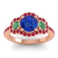 Lab Blue Sapphire Ring In 14K Rose Gold With Emerald And Ruby Sodarya Round Three-stone Ring
