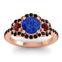 Lab Blue Sapphire Ring In 18K Rose Gold With Garnet And Black Onyx Sodarya Round Three-stone Ring