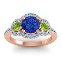Lab Blue Sapphire Ring In 14K Rose Gold With Peridot And Aquamarine Sodarya Round Three-stone Ring