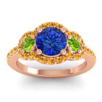 Lab Blue Sapphire Ring In 14K Rose Gold With Peridot And Citrine Sodarya Round Three-stone Ring