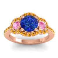 Lab Blue Sapphire Ring In 14K Rose Gold With Pink Tourmaline And Citrine Sodarya Round Three-stone Ring