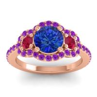 Lab Blue Sapphire Ring In 14K Rose Gold With Ruby And Amethyst Sodarya Round Three-stone Ring