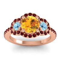 Citrine Ring In 14K Rose Gold With Aquamarine And Garnet Sodarya Round Three-stone Ring