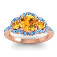 Citrine Ring In 18K Rose Gold With Swiss Blue Topaz Sodarya Round Three-stone Ring