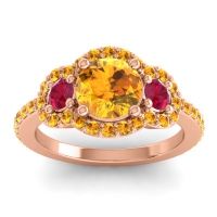 Citrine Ring In 18K Rose Gold With Ruby Sodarya Round Three-stone Ring