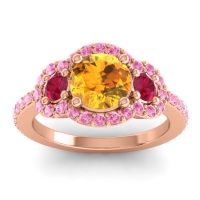 Citrine Ring In 18K Rose Gold With Ruby And Pink Tourmaline Sodarya Round Three-stone Ring