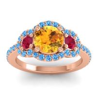 Citrine Ring In 18K Rose Gold With Ruby And Swiss Blue Topaz Sodarya Round Three-stone Ring