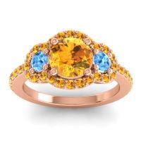 Citrine Ring In 14K Rose Gold With Swiss Blue Topaz Sodarya Round Three-stone Ring