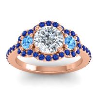 Lab Diamond Ring In 18K Rose Gold With Swiss Blue Topaz And Blue Sapphire Sodarya Round Three-stone Ring