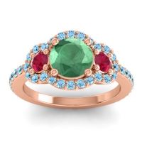 Lab Emerald Ring In 14K Rose Gold With Ruby And Aquamarine Sodarya Round Three-stone Ring