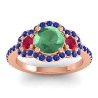 Lab Emerald Ring In 14K Rose Gold With Ruby And Blue Sapphire Sodarya Round Three-stone Ring
