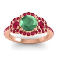 Lab Emerald Ring In 14K Rose Gold With Ruby Sodarya Round Three-stone Ring