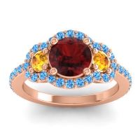 Garnet Ring In 18K Rose Gold With Citrine And Swiss Blue Topaz Sodarya Round Three-stone Ring