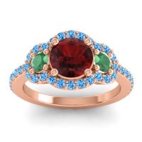 Garnet Ring In 18K Rose Gold With Emerald And Swiss Blue Topaz Sodarya Round Three-stone Ring
