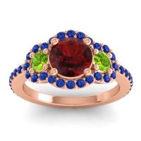 Garnet Ring In 14K Rose Gold With Peridot And Blue Sapphire Sodarya Round Three-stone Ring
