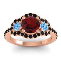 Garnet Ring In 18K Rose Gold With Swiss Blue Topaz And Black Onyx Sodarya Round Three-stone Ring