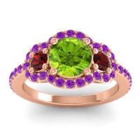 Peridot Ring In 18K Rose Gold With Garnet And Amethyst Sodarya Round Three-stone Ring