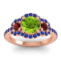 Peridot Ring In 14K Rose Gold With Garnet And Blue Sapphire Sodarya Round Three-stone Ring