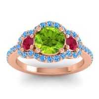 Peridot Ring In 18K Rose Gold With Ruby And Swiss Blue Topaz Sodarya Round Three-stone Ring
