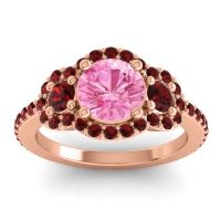 Pink Tourmaline Ring In 14K Rose Gold With Garnet Sodarya Round Three-stone Ring