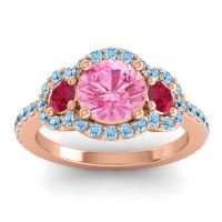 Pink Tourmaline Ring In 14K Rose Gold With Ruby And Aquamarine Sodarya Round Three-stone Ring