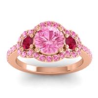 Pink Tourmaline Ring In 14K Rose Gold With Ruby Sodarya Round Three-stone Ring