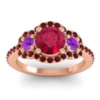 Lab Ruby Ring In 18K Rose Gold With Amethyst And Garnet Sodarya Round Three-stone Ring