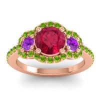 Lab Ruby Ring In 18K Rose Gold With Amethyst And Peridot Sodarya Round Three-stone Ring