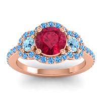 Lab Ruby Ring In 14K Rose Gold With Aquamarine And Swiss Blue Topaz Sodarya Round Three-stone Ring