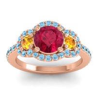 Ruby Ring In 18K Rose Gold With Citrine And Aquamarine Sodarya Round Three-stone Ring