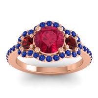 Ruby Ring In 14K Rose Gold With Garnet And Blue Sapphire Sodarya Round Three-stone Ring