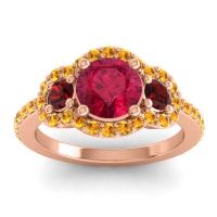 Ruby Ring In 18K Rose Gold With Garnet And Citrine Sodarya Round Three-stone Ring