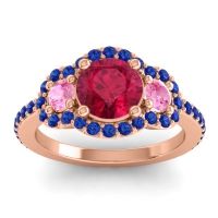 Ruby Ring In 14K Rose Gold With Pink Tourmaline And Blue Sapphire Sodarya Round Three-stone Ring