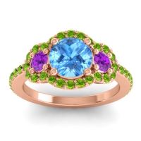 Swiss Blue Topaz Ring In 18K Rose Gold With Amethyst And Peridot Sodarya Round Three-stone Ring