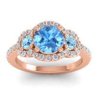 Swiss Blue Topaz Engagement Ring In 14K Rose Gold With Aquamarine And Diamond - Sodarya Round Three-stone Ring