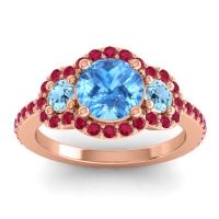 Swiss Blue Topaz Ring In 18K Rose Gold With Aquamarine And Ruby Sodarya Round Three-stone Ring