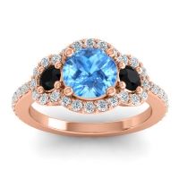 Swiss Blue Topaz Ring In 14K Rose Gold With Black Onyx And Lab Diamond Sodarya Round Three-stone Ring